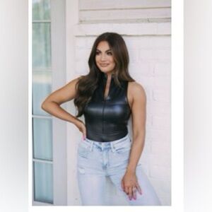 Front zip up faux leather bodysuit